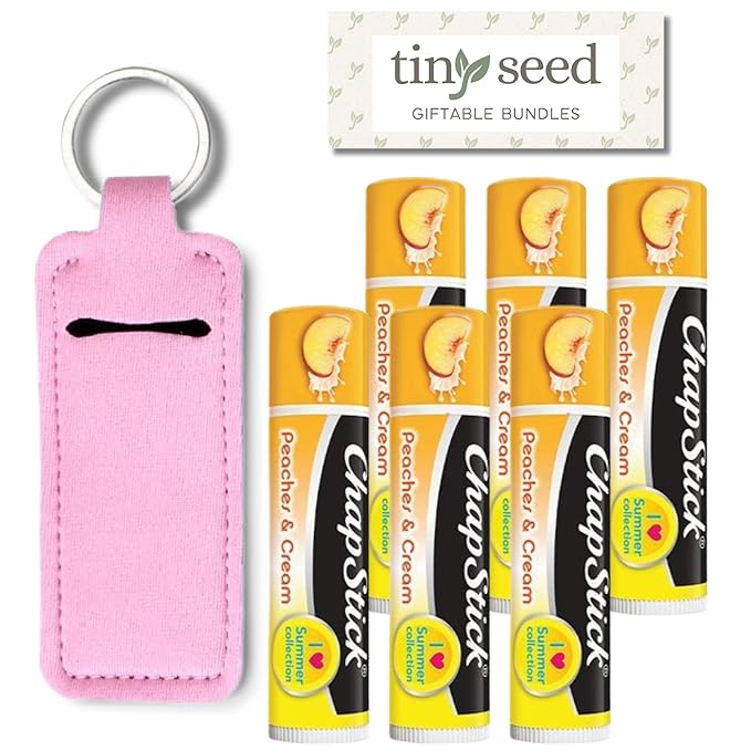 Peaches and Cream Chapstick 6-Pack. Includes Bonus Lip Balm Holder Keychain (Pink). Limited Edition Flavor from the Chapstick I Love Summer Collection, Unique Gift Bundle from Tiny Seed