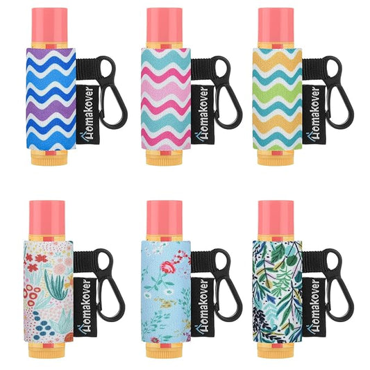 6 Pack Compact Clip-On Chapstick Holder Premium Release Clip Neoprene Sleeve Lip Balm with Clip Fits Most Standard Lip Balm, Large