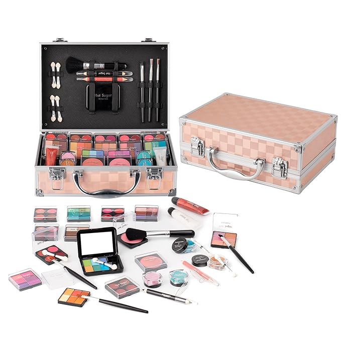 Hot Sugar Makeup Kit for Teenager Girls - Full Starter Cosmetics Set with Eye Shadow Lip Balm Blush Lip Gloss Brush Lip Pencil Eye Pencil and Mirror (Gold Check)