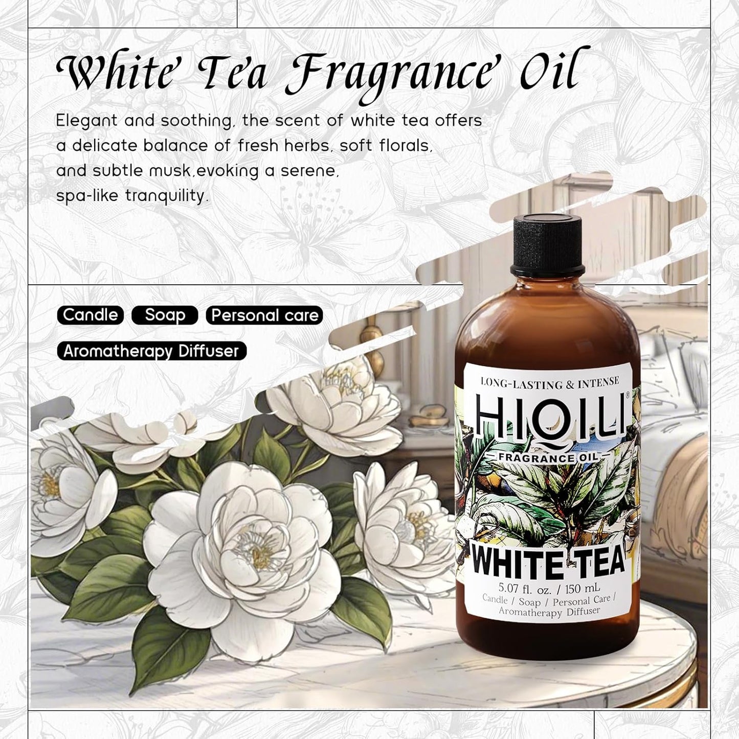 HIQILI White Tea Fragrance Oil for Essential Oil Diffuser, DIY Candle & Soap Making, Blend to Perfume & Air Freshener Spray - 5.07 Fl Oz