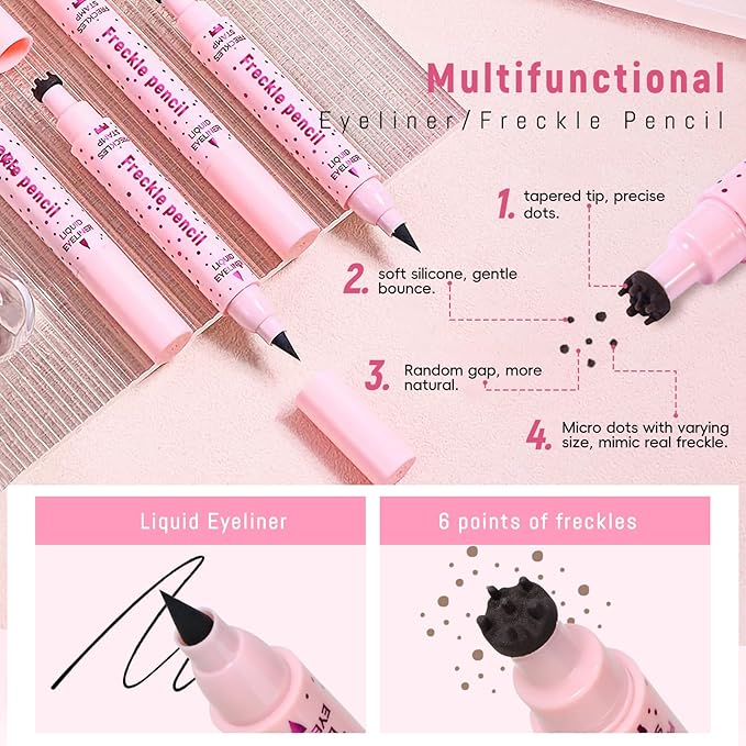 Freckle Stamp with Eyeliner Pen 2 in 1 for Natural Lifelike Faux Freckle Waterproof Fake Freckles Stain Marker for Sunkissed Makeup #Light Brown&Black