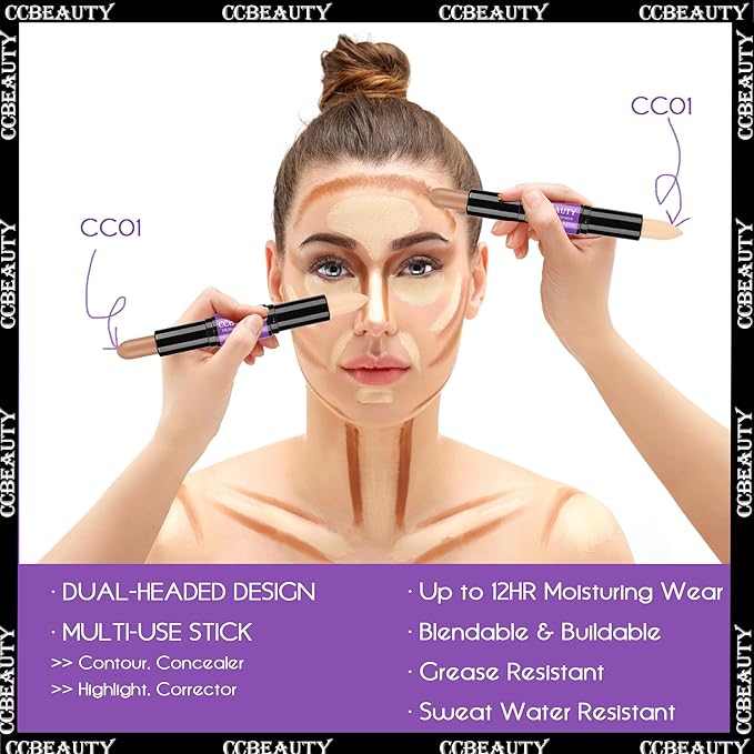 CCbeauty 2-IN-1 Contour Stick Cool Tone, Cream Dual Bronzer Concealer Shade with Cool toned Matte Finish, Contouring Bronzing Makeup for Face Shaping Makeup, Amber & Soft Amber