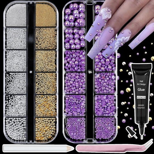 Nail Art Pearls with Rhinestones Glue Gel Flatback Pearls Nail Charms Luxurious Nails Supplies Accessories Gold Silver Gems Jewelry Pearl for Women Nails Design(Purple)