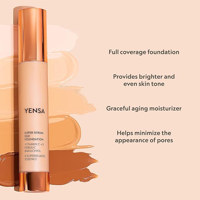 YENSA Super Silk Foundation - Full Coverage, Age-defying complex of Vitamin C, E, Ferulic, and Bakuchiol Oil (Medium 1) 1.0 fl oz