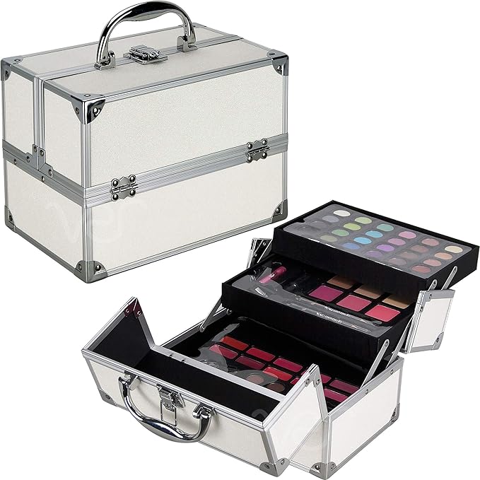 55pcs Makeup Gift Set Kit Train Case With Extendable Trays (eyeshadow, Blushes, Lipstick & More) - Vmk1304, White Glitter