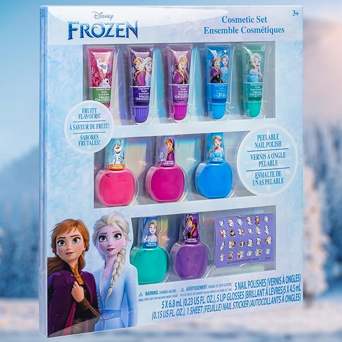 Disney Frozen 2 - Townley Girl Super Sparkly Cosmetic Makeup Set for Girls with Lip Gloss Nail Polish Nail Stickers - 11 Pcs|Perfect for Parties Sleepovers Makeovers| Birthday Gift for Girls 3 Yrs+