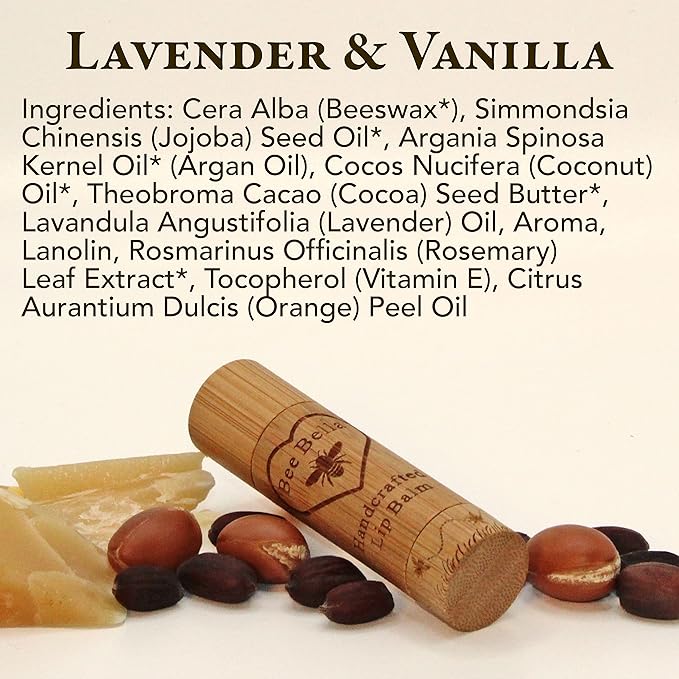 Bee Bella Lip Balm, Lavender Vanilla, 3 Pack - Hydrating, Moisturizing Lip Care, 100% Natural, Original Organic Beeswax with Vitamin E, Handmade in USA