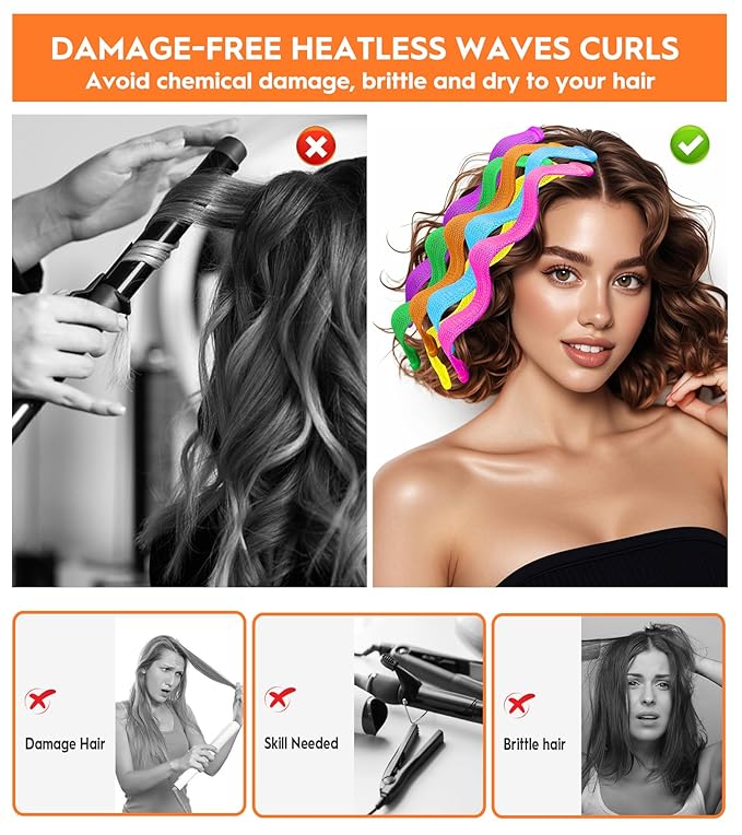 30 Pcs Heatless Hair Curlers Wave Curls Styling Kit with 2 Pcs Styling Hooks, No Heat Hair Curlers Heatless Wave Curlers for Women Girls Short Hair (6 Colors, 25 cm/9.84 inch)