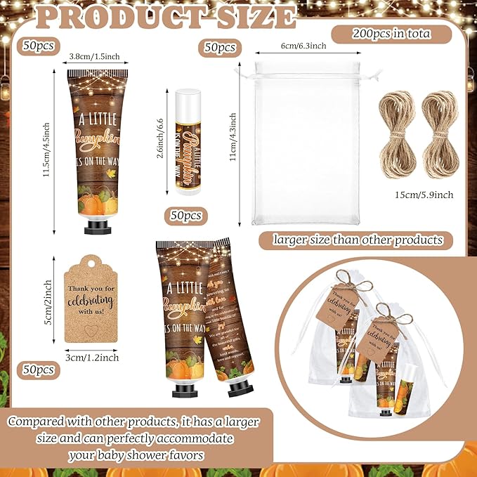 50 Sets 200 Pcs Baby Shower Hand Lotion and Lip Balm Gift Theme Baby Shower Party Favors Travel Size Hand Lotion and Lip Balm Bulk with Organza Bags Tags(Rustic Pumpkin)