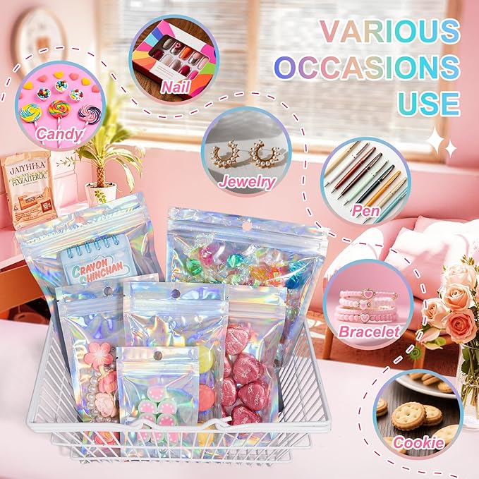 ANZNKU 100 Pack Mylar Bags Reasealable Holographic Bags, Smell Proof Bag Zipper Pouches with Clear Window, Jewelry Candy Sealable Bag for Packaging Sample Party Favor(7.1 x 10.2 Inch)