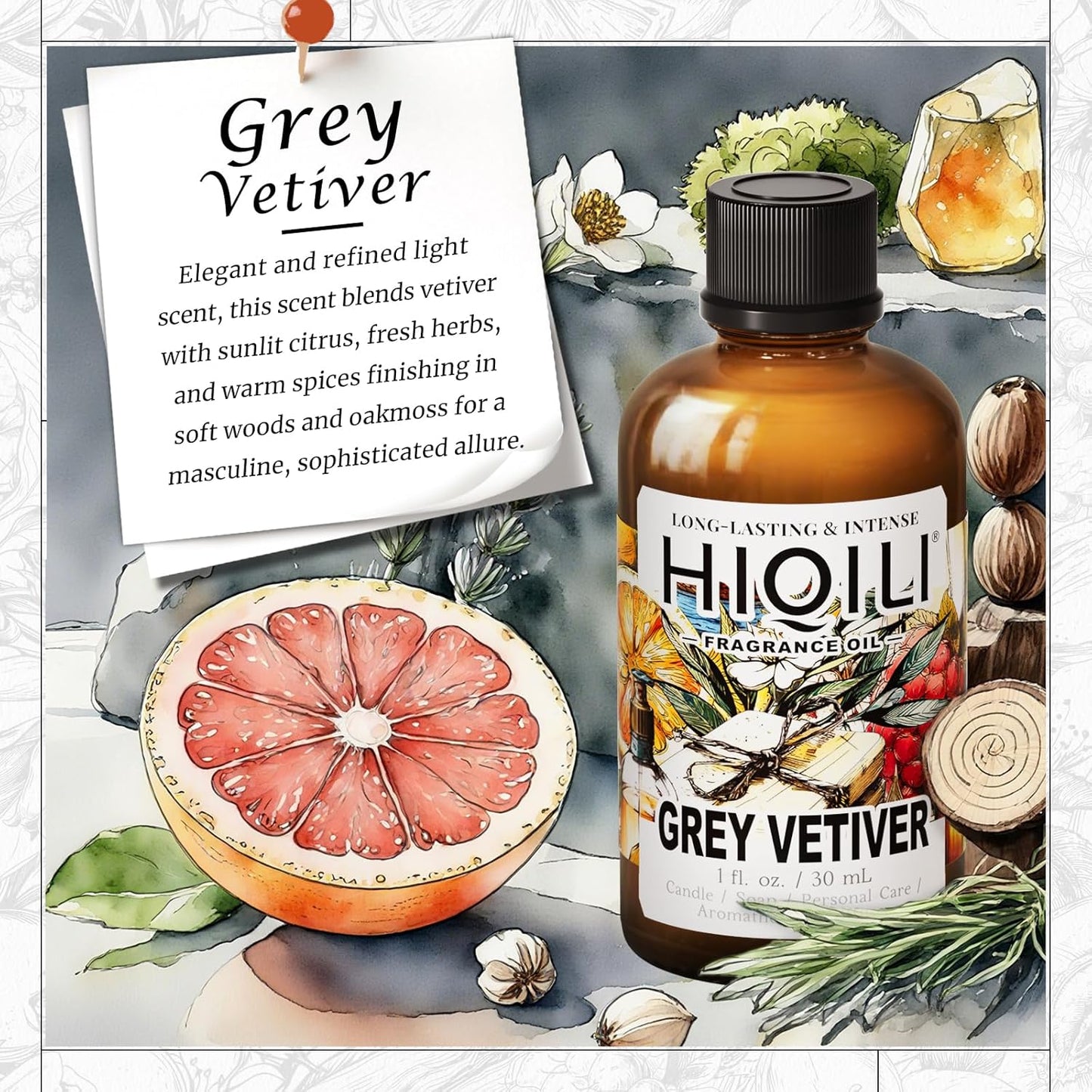 HIQILI Grey Vetiver Fragrance Oil - Perfect for DIY Candle, Soap & Air Freshening Spray Making, and Home Essential Oil Diffuser - 1 Fl Oz