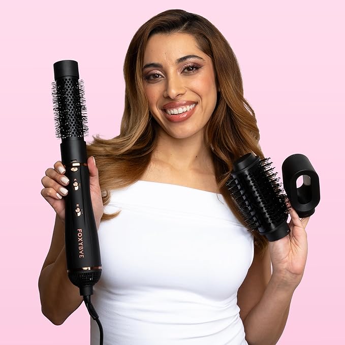 FoxyBae 3-in-1 Ceramic Interchangeable Hair Tools - Blowout Dryer - 3 Detachable Heads: 2.4" Blowout Brush, 1.5" Hot Round Brush & Drying Cylinder Hair Dryer Brush & Hair Styling Set [Black Rose-Gold]