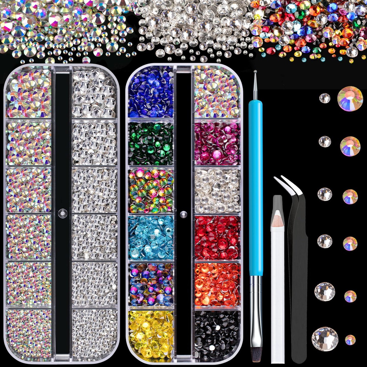 Rhinestones for Nails, Manicure Gem, Flat Back Glass Crystal AB & Transparent Clear + Mixed Color Iridescent Chameleon Gemstones, 2-5mm Round Gems for Nail Art Decor with Pickup & Dotting Tools