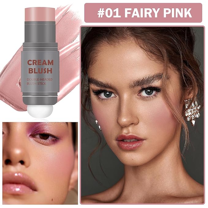 Cream Blush Stick with Sponge 3 in 1 Multi-Use Blush Makeup Stick Long Lasting Waterproof Natural Matte Cream Blush Stick for Cheeks, Lips and Eyes - Fairy Pink