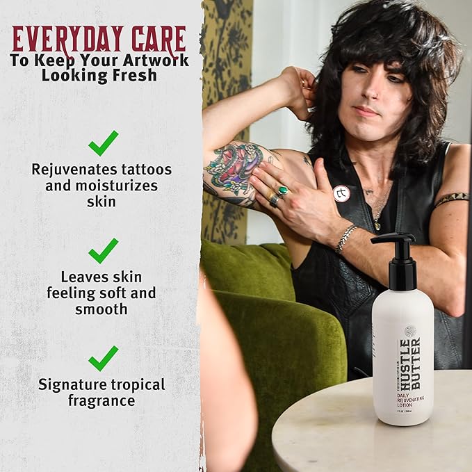 Hustle Butter Tattoo Aftercare - Daily Moisturizing Lotion - Naturally Derived Vegan Cruelty Free - Everyday All Over Use for Tattoos - 9 fl oz