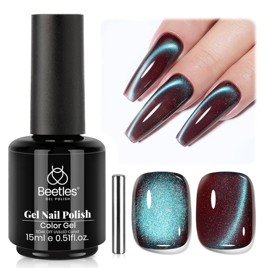 Beetles Brown Cat Eye Gel Nail Polish - Aurora Mocha Cat Eye Gel Polish, 15ML Blue Powder Brown Glitter Fall Gel Polish Magnetic Shimmer Effect Soak Off UV Nail Art Design Manicure Gifts for Women