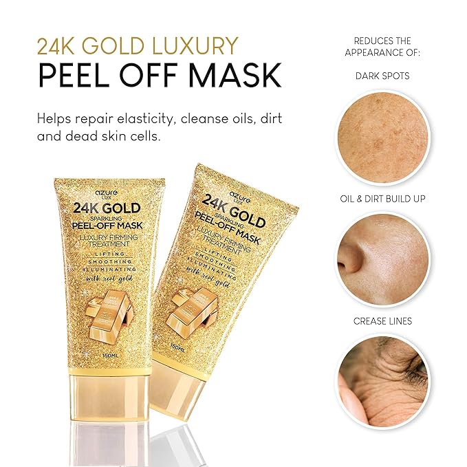 AZURE 24K Gold Firming Peel Off Face Mask - Anti Aging, Lifting, Illuminating & Revitalizing - Removes Blackheads, Dirt & Oil with Hyaluronic Acid & Collagen - Korean Skin Care - 150 mL - Pack of 2