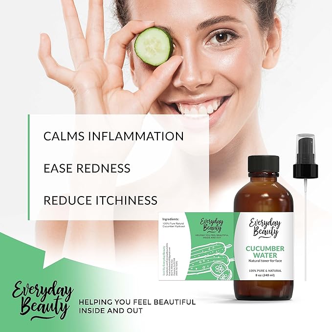 Cucumber Hydrosol Facial Toner - All Natural Hydrating Spray Mist for Face and Hair - 100% All Natural Cucumber Water Hydrosol 8oz with Fine Mist Cap