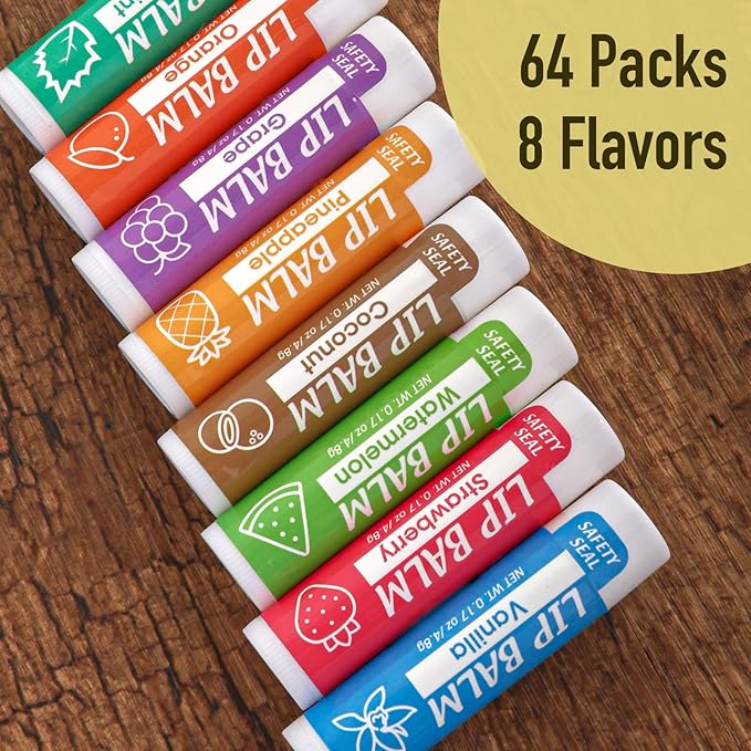 64 Pack Lip Balm, Natural Lip Balm Bulk with Vitamin E and Coconut Oil, Moisturizing Lip Balm for Dry Cracked Lips, Lip Balm for Stocking Stuffers - 8 Flavors