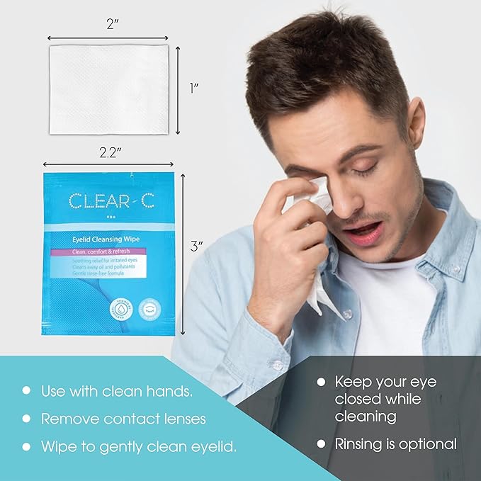 Clear C Eyelid Wipes Pre-Moistened for Dry Eyes – Rinse Free Eye Lid Cleaning Wipes – Individually Wrapped Travel Eye Wipes, 1 Box of 30