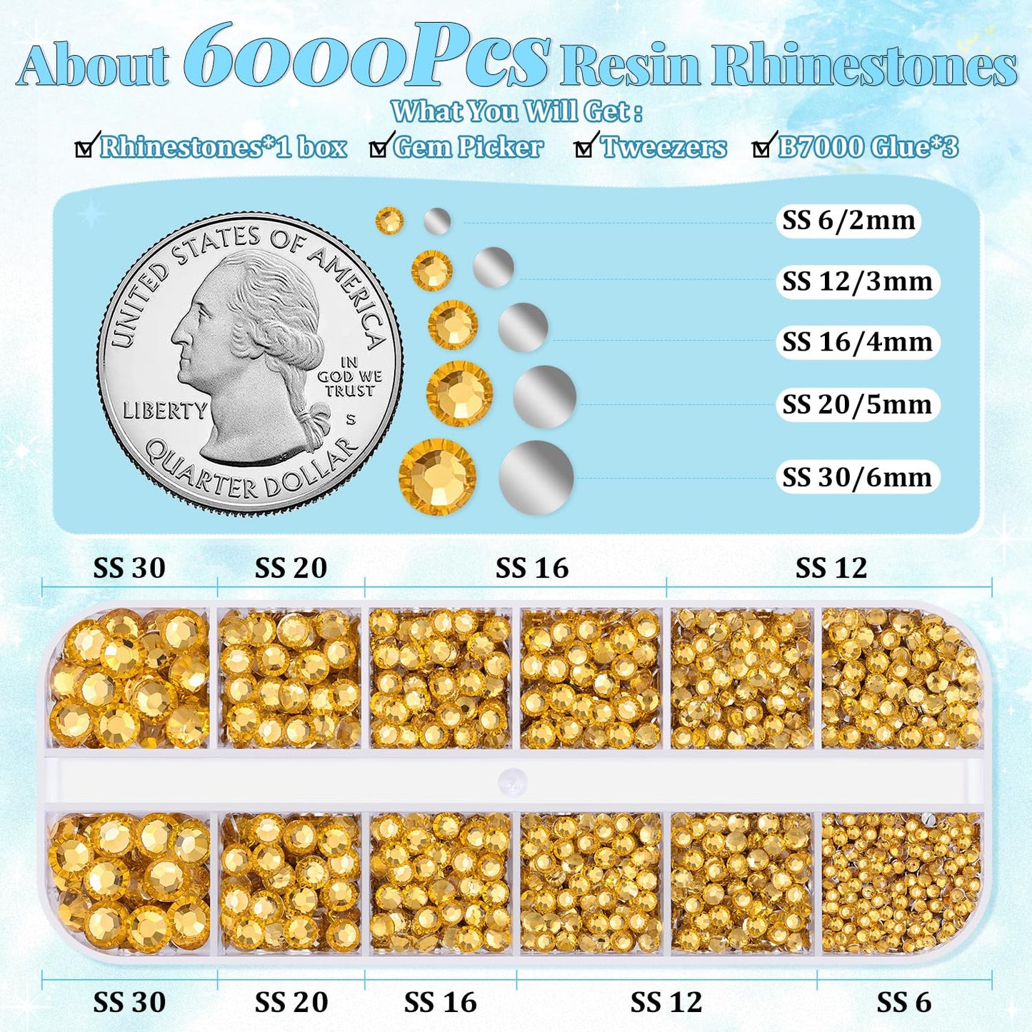 6000Pcs Resin Rhinestones for Bedazzling with 3Pcs B7000 Jewelry Glue, 1 Box Golden Flatback Rhinestones for Crafting Crafts DIY, Crystals Gems for Clothing Shoes Tumblers Nail Art Makeup