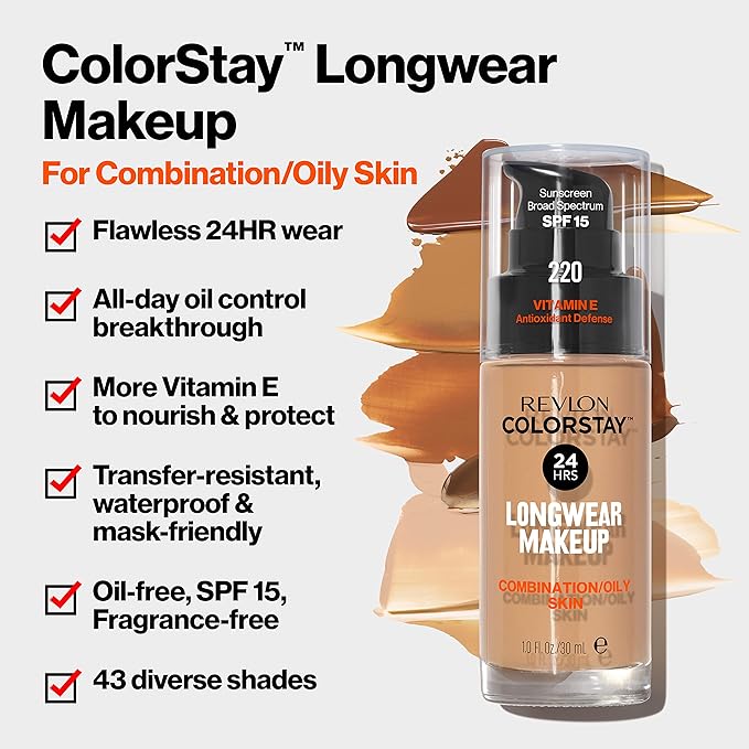 Revlon Liquid Foundation, ColorStay Face Makeup for Combination & Oily Skin, SPF 15, Longwear Medium-Full Coverage with Matte Finish, True Beige (320), 1.0 Oz