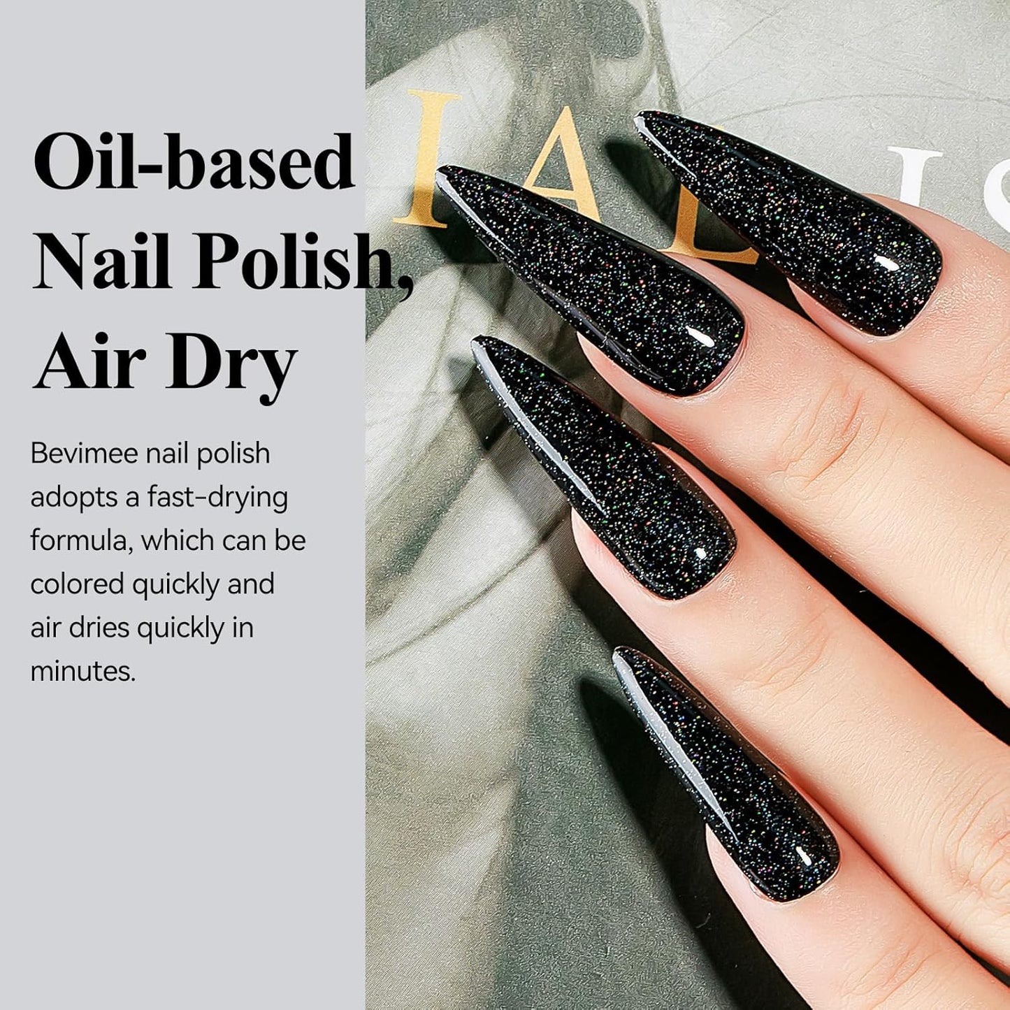 Nail Polish Quick Dry, Black Glitter Nail Lacquer Air Fast Drying, Sparkle Mooncat Nail Pigment Oil-based High Coverage Holographic Fingernail Concealer Polish, 1PC 12ML Long Wear