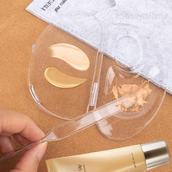 Framendino, 2 Set 3 in 1 Handheld Makeup Mixing Palette, Acrylic Transparent Mixing Foundation Tray with Foundation Spatula for Makeup Artist and Beginner