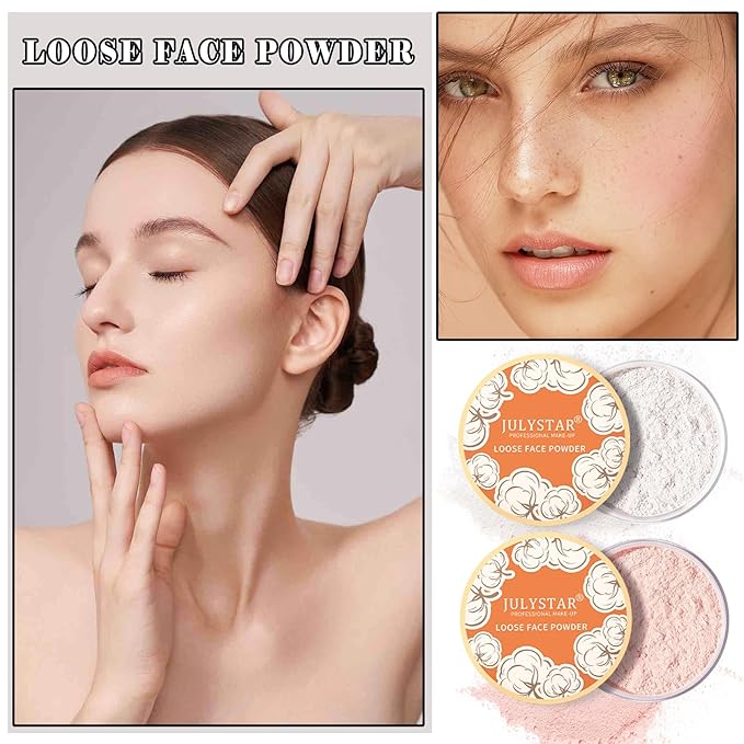 2PCS Setting Powder Loose Face Powder Matte Soft Smooth Oil Control Long Lasting Loose Setting Powder Makeup for Natural Flawless（01#Translucent+02# Pink Complexion）