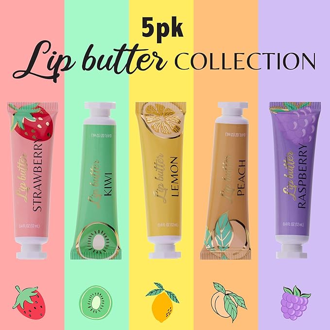 Expressions 5pc Lip Butter Collection - Simply Sweet Fruit Flavored Lip Butter Balm Set | Moisturizing Squeeze Tube Lip Butters for Everyday Lip Care and Lip Repair