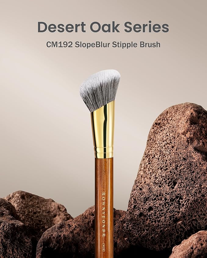 Desert Oak Series SlopeBlur Stipple Brush - Angled Nylon Bristles for Seamless Cream/Liquid/Powder Blending, Contour & Blush Application, Bubinga Handle (CM 192)