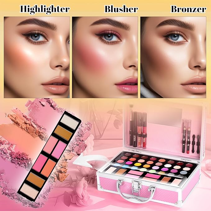 Beginner Makeup Kit for Teen,Makeup Gift Set for Girl Women,Beginner Makeup Kit with Cosmetic Train Case Included 32 Colors Eyeshadow Blusher Contour Lip Gloss Lip Liner Mascara Eyeliner Mirror