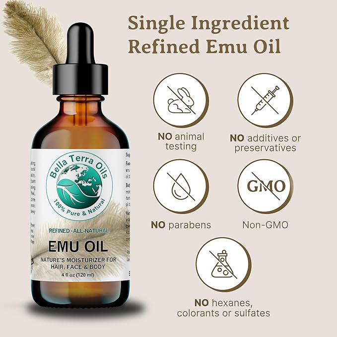 Bella Terra Oils - Emu Oil 4 oz - Genuine Pure Australian Emu, Infused with Linoleic & Oleic Acid, Perfect Companion for Lustrous Skin