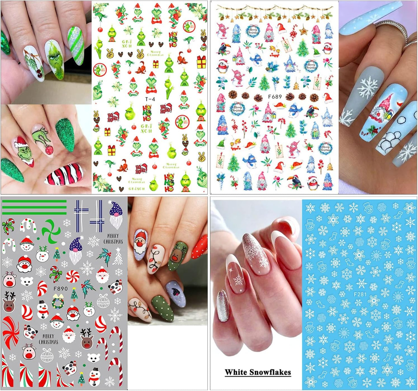 10 Sheets Christmas Nail Stickers 3D Xmas Decals Winter White Snowflake Santa Claus Snowman Bell Reindeer for Women Girls Christmas Designs Decoration Charms