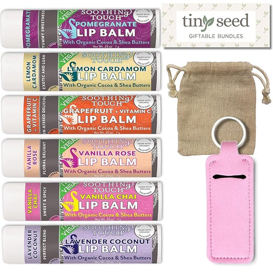 Vegan Lip Balm Set - Pack of 6 Soothing Touch Lip Balms. Includes Muslin Pouch & Lip Balm Holder Keychain (Pink): Pomegranate, Lemon Cardamom, Grapefruit, Vanilla Rose, Vanilla Chai, Lavender Coconut