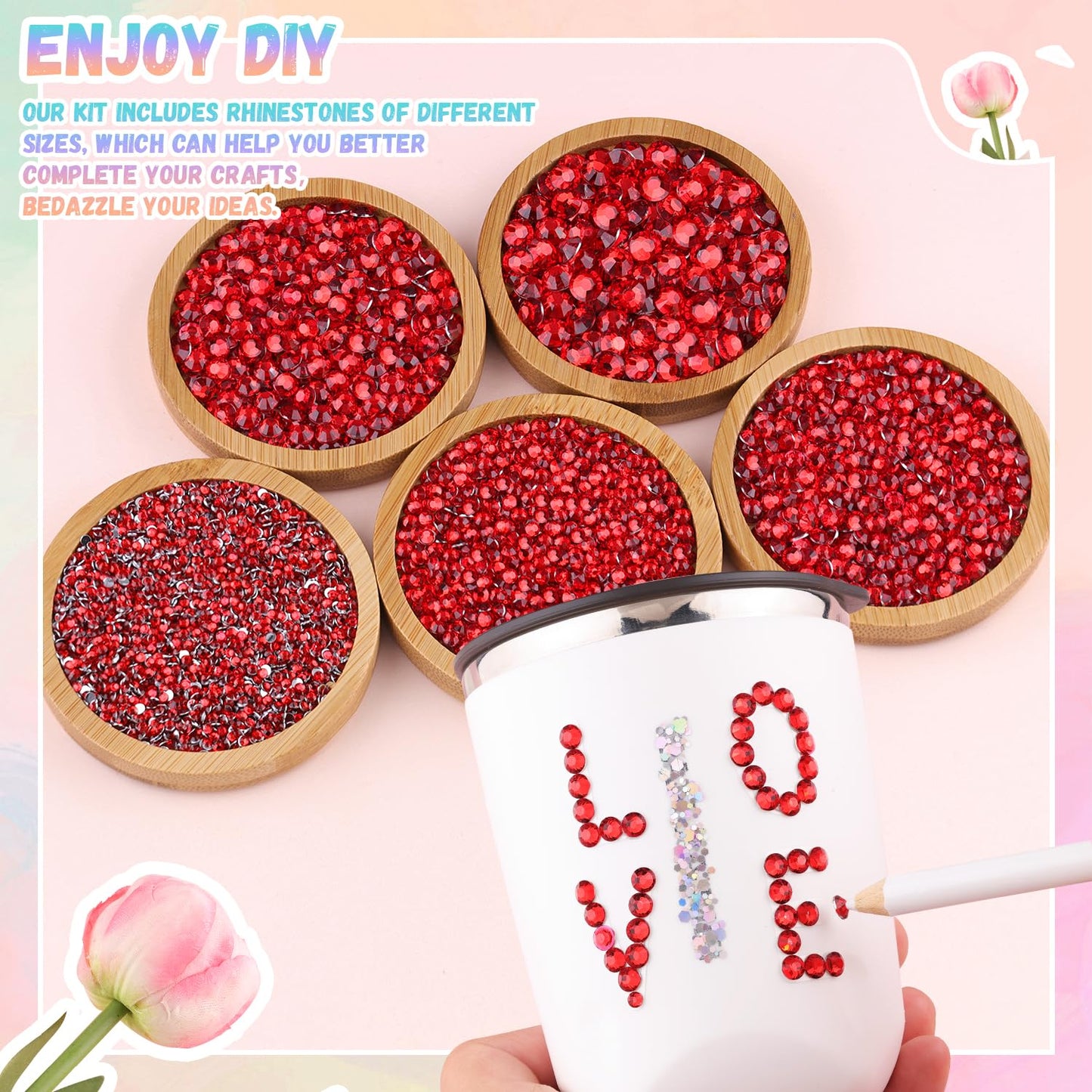 25000Pcs Resin Rhinestones with Tweezers for Crafting, 2-6mm Mixed Sizes (Red) Non Hotfix Flatback Gems, Bedazzling Crystal for DIY Crafts Clothing Tumblers Mugs Shoes Decor Nail Art