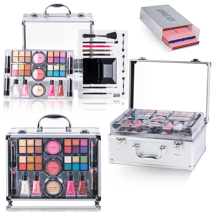 Hot Sugar Makeup Set for Teen Girls Ages 10-12, All in One Beginner Makeup Kit for Women, Cosmetics Gift Set for Birthday Christmas (Clear02)