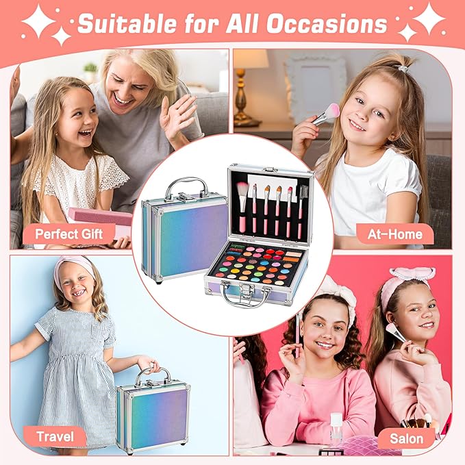 Anpro All-In-One Makeup Carry Case with Pro Teen Makeup Set, Full Starter Cosmetics Kit with Makeup Brushes, Eye Shadows Palette, Blushes, Glitter Gel, Temporary Tattoo Stickers - Blue