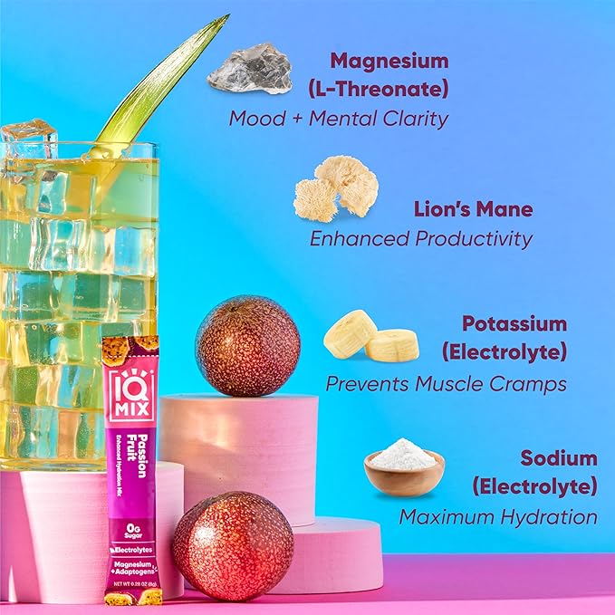 IQMIX Hydration Electrolyte Powder – 4-in-1 Formula for Hydration, Mental Clarity, Mood and Recovery – Sugar-Free Drink Mix, Keto, Magnesium L-Threonate, Lion’s Mane – 40 Count Passion Fruit