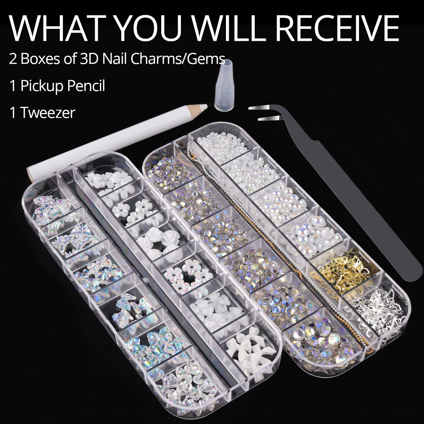 Mixed 3D Nail Art Gem Decoration Accessories Kit #7, Aurora Bear Bow Butterfly Starry AB Rhinestone Charm Jewelry for Deco, Pearl Flower Caviar Bead Stone Crystal with Pickup Pencil and Tweezer