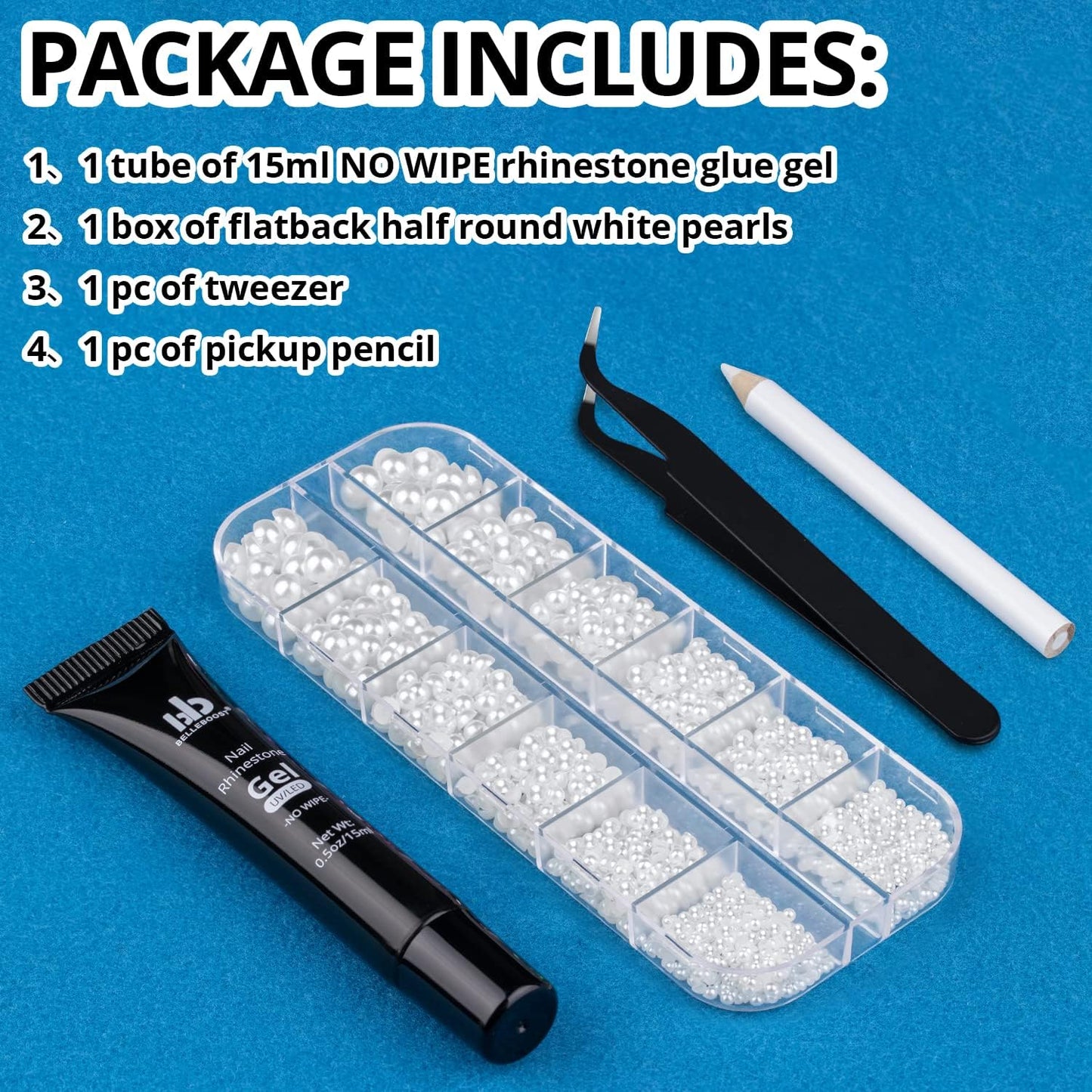 Nail Art Rhinestone Glue Gel&Flatback Gems Accessories Kit, 1 Tube of 15ml Rhinestone Gel Glue(UV/LED Needed)+1 Box of Flat-Back Half Round White Pearls with Pickup Pencil and Tweezer