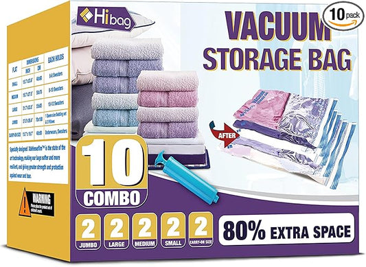 HIBAG Vacuum Storage Bags, 10-Pack Vacuum Seal Bags for Clothing Clothes, Space Saver Bags (2 Jumbo, 2 Large, 2 Medium, 2 Small, 2 Roll-up) with Pump (10-Combo)