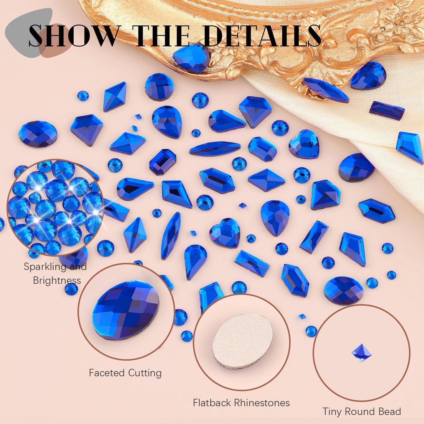 Royal Blue Glass Nail Rhinestones - 2060 Pcs Multi Shapes + 2000 Pcs Round Crystal with Glue Gel for Nail Art