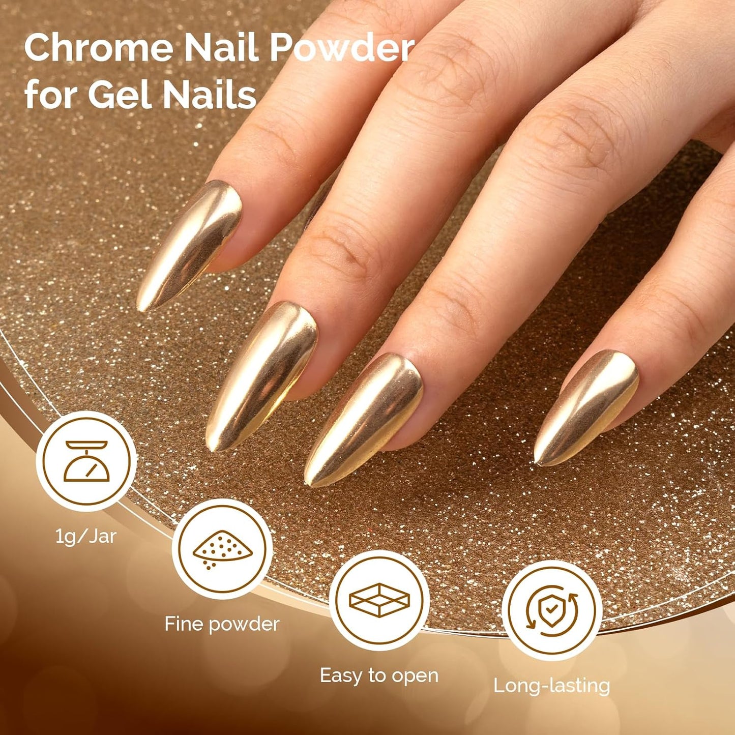 MelodySusie Champagne Gold Chrome Nail Powder for Gel Nails,Metallic Mirror Effect Pigment Stylish and Technological Fine Glitter for Home DIY Salon Use
