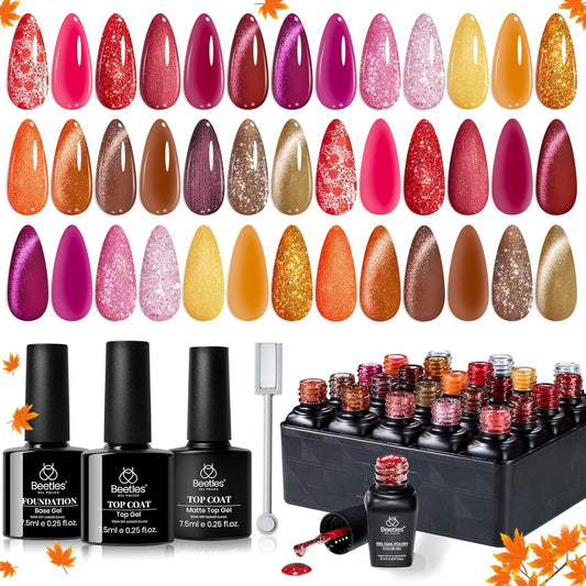 Beetles Fall Gel Nail Polish Set – Opulent Glow Cat Eye Gel Polish, 20 Colors Red Orange Yellow Glitter Brown, Soak Off UV LED with Base Glossy Matte Top Coat for DIY Manicure Gift for Women