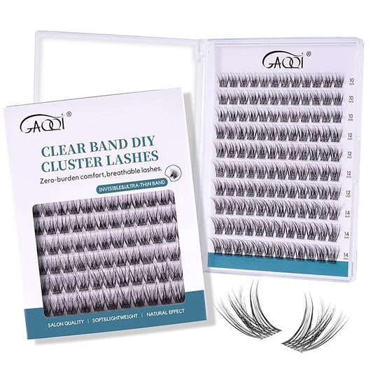 GAQQI Lash Clusters Wispy & Natural Eyelash Clusters Clear Band, 10-14mm Cluster Lashes 120PCS, Cluster Eyelash Extensions C Curl, Cluster Lashes Ultra-thin & Soft Invisivle Band (FEATHER)