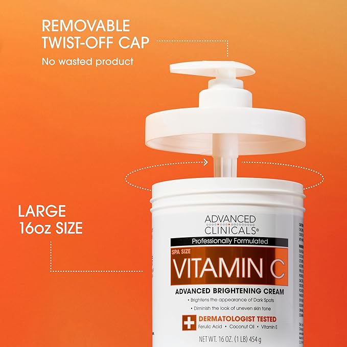 Advanced Clinicals Vitamin C Cream + Vitamin C Serum 2PC Skincare Set | Brightening Body Lotion & Facial Serum For Women & Men Helps Diminish Appearance Of Dark Spots, Wrinkles, & Uneven Skin Tone