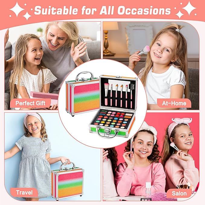 Anpro All-In-One Makeup Carry Case with Pro Teen Makeup Set, Full Starter Cosmetics Kit with Makeup Brushes, Eye Shadows Palette, Blushes, Glitter Gel, Temporary Tattoo Stickers