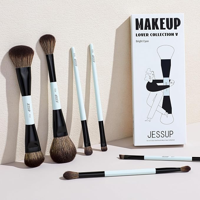 Jessup Makeup Brush Set 6pcs Double Sided Makeup Brushes Foundation Contour Blush Highlight Blending Eyebrow Brush Eyeshadow Brush, Vegan Fiber Make up Brush Bright Cyan T501