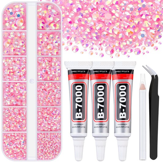 6000Pcs Resin Rhinestones for Bedazzling with 3Pcs B7000 Jewelry Glue, 1 Box Light Pink AB Flatback Rhinestones for Crafting Crafts DIY, Crystals Gems for Clothing Shoes Tumblers Nail Art Makeup